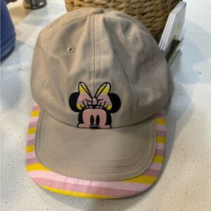 🆕💗💛Disney Minnie Mouse Hat Khaki/Beige with Pink & Yellow Striped Accents NWT